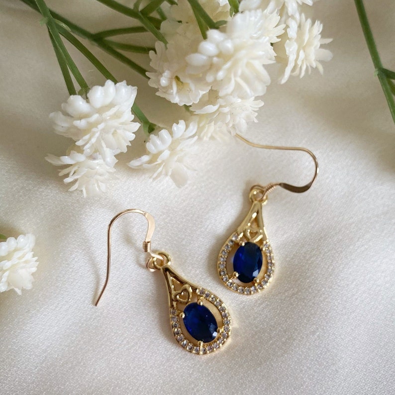 Blue Teardrop CZ Earrings, Gold Earrings, CZ Earrings, Gemstone Earrings, Drop Earrings, Dangle Earrings, Bridal Jewellery, Gifts for Her image 1