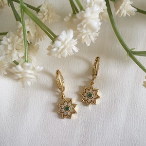 North Star Huggie Earrings: Gold Celestial CZ Dangle Hoops