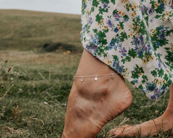 Tobillera de estrella de plata de ley: pulsera de tobillo celestial ajustable