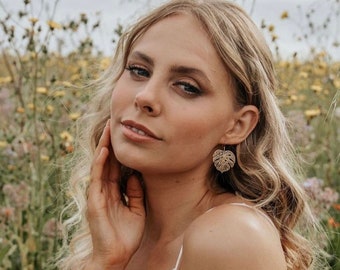 Gold Monstera Leaf Earrings: Tropical Dangle Earrings