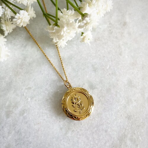 Gold Flower Locket Necklace Photo Locket Floral Etched Etsy UK