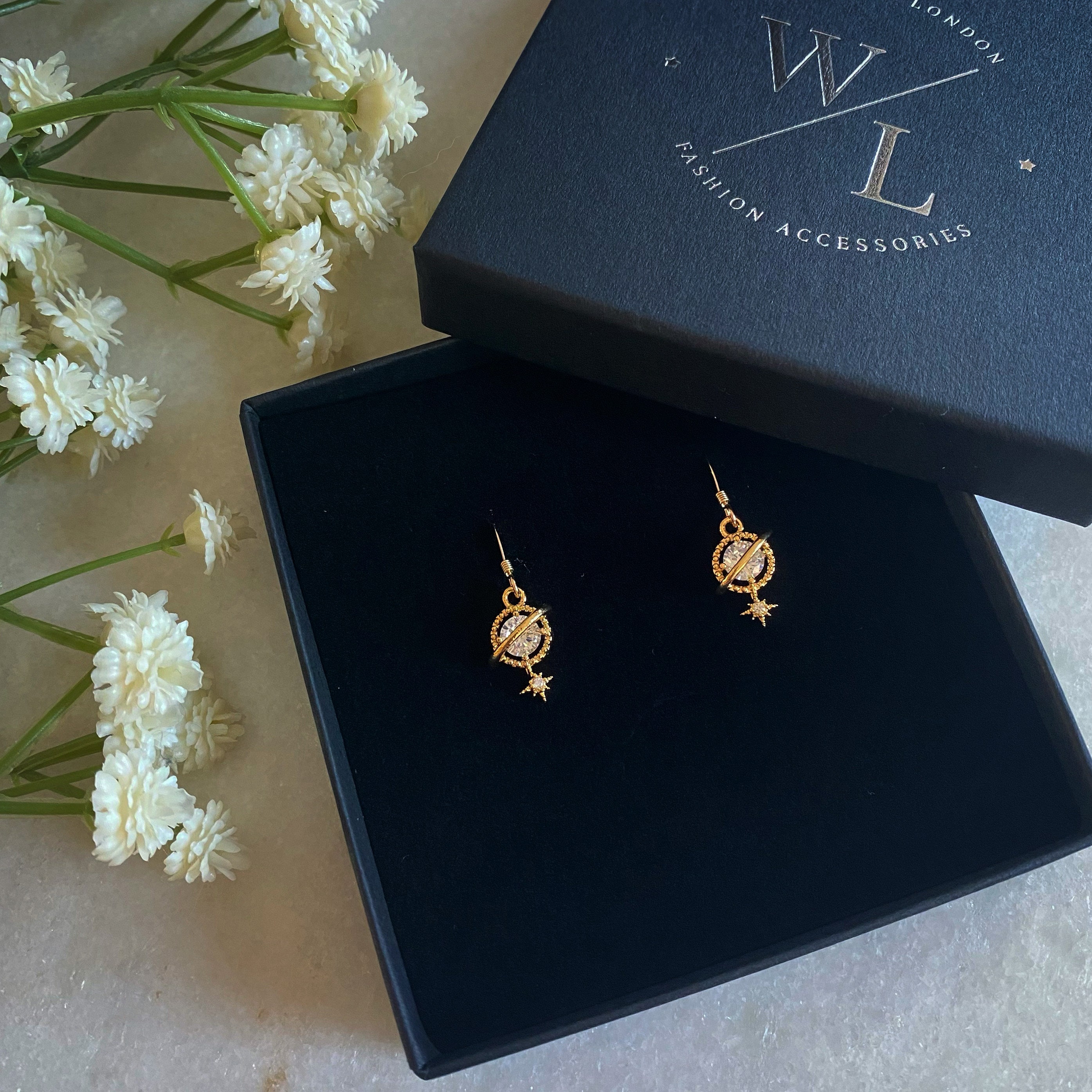 Dainty Clear Planet and Star Earrings, Gold Earrings, CZ Earrings, Celestial Jewellery, Drop Earrings, Dangle Earrings, Gifts for Her