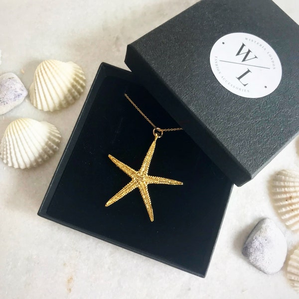 Collar de estrella de mar dorada, joyería playera, collar para combinar con otros, regalos para ella.