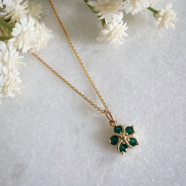 Emerald Green Flower Necklace, CZ Necklace, Flower Jewellery, Gold Filled Necklace, Bridesmaid Gift, Nature Inspired, Gifts for Her