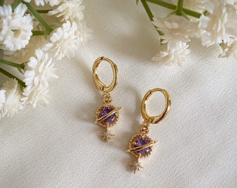 Dainty Purple Planet and Star Huggie Hoop Earrings, CZ Earrings, Celestial Jewellery, Drop Earrings, Dangle Earrings, Gifts for Her