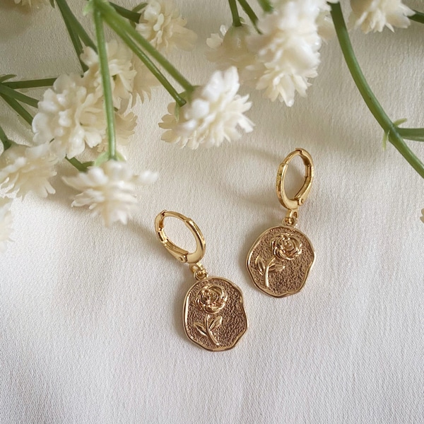 Gold Rose Flower Huggie Hoop Earrings, Flower Jewellery, Gold Coin Earrings, Drop Earrings, Dangle Earrings, Florist, Gifts for Her