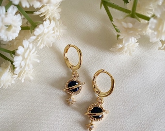 Dainty Navy Planet and Star Huggie Hoop Earrings, CZ Earrings, Gold Earrings, Celestial Jewellery, Drop Earrings, Dangle Earrings, Gift Idea