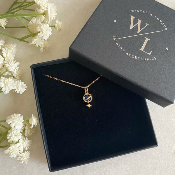 Dainty Navy Planet and Star Necklace, Gold Necklace, CZ Pendant, Celestial Jewellery, Star Jewellery, Saturn Pendant, Gifts for Her