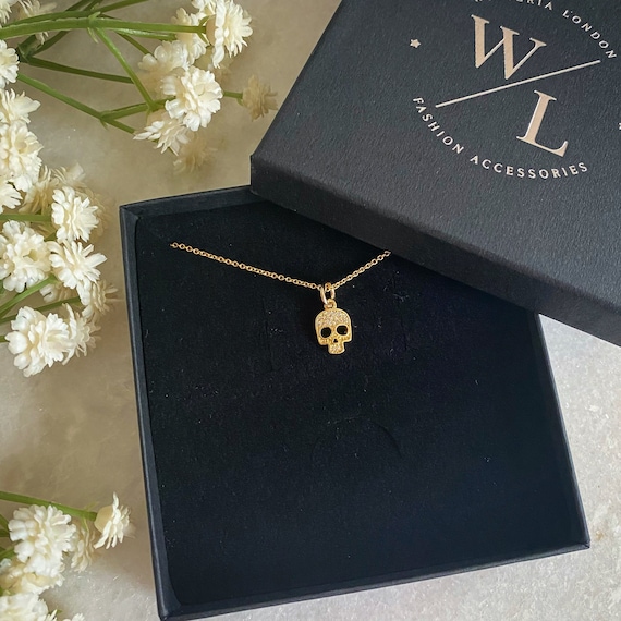 Dainty CZ Skull Necklace: Gold Skull Charm, Rock Chic Jewellery