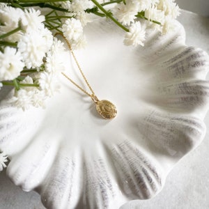 Può includere: Una collana con catena dorata con un piccolo ciondolo a forma di medaglione ovale. Il medaglione ha un design dettagliato ed è su uno sfondo bianco.