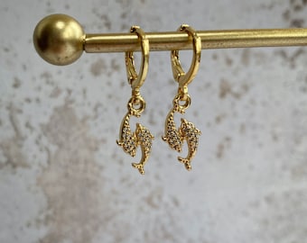 Gold Dolphin Huggie Earrings: CZ Dangle Jewellery