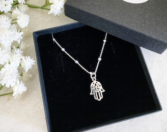 Sterling Silver Hamsa Hand Necklace on Bobble Chain, Boho Jewellery, Hand of Fatima, Good Luck Charm, Satellite Chain, Gifts for Her