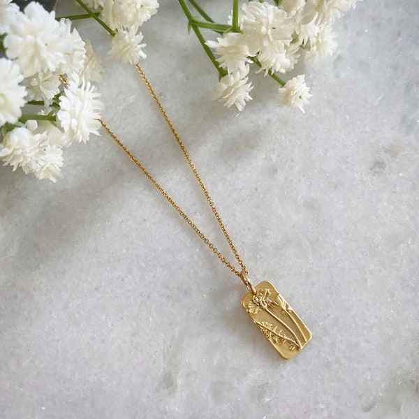 Gold Wildflower Rectangle Necklace: Nature Inspired Floral Pendant