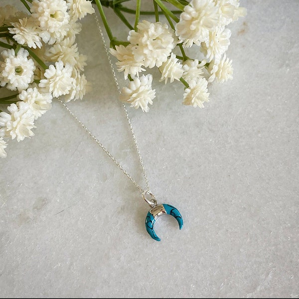 Dainty Silver Enamel Horn Necklace, Crescent Moon Necklace, Celestial Jewellery, Boho Necklace, Upside Down Moon Pendant, Gifts for Her