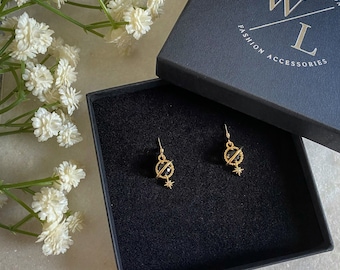 Dainty Planet and Star Earrings, Gold Earrings, Celestial Jewellery, Drop Earrings, Dangle Earrings, CZ Earrings, Gifts for Her