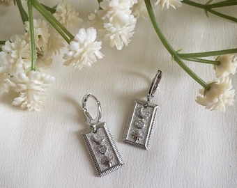 Silver Moon and Star Huggie Hoop Earrings: CZ Celestial Dangle Jewellery