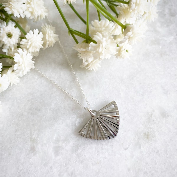 Silver Fan Necklace: Art Deco Geometric Pendant, Sterling Silver Chain