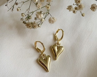 Gold Heart Huggie Hoop Earrings: Minimalist Dangle Jewellery