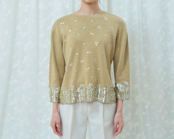 80s gold sequin sweater large | metallic paillett… - image 1