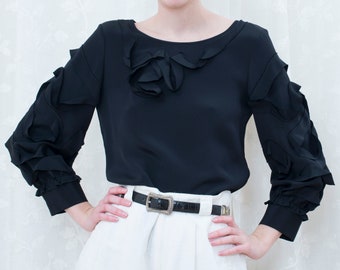 90s oscar de la renta black silk puff sleeve blouse small | ribbon trim minimalist evening blouse | minimal silk ribbon embroidery blouse