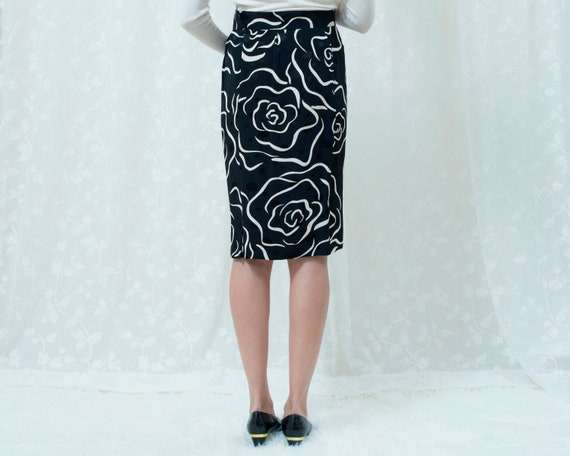 80s black floral silk pencil skirt large | 33 wai… - image 6