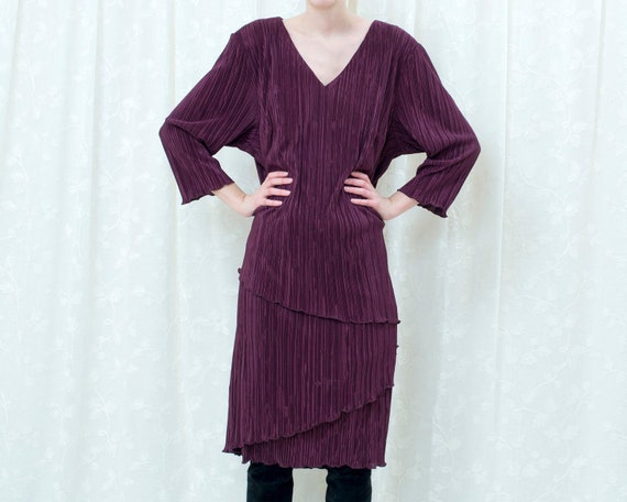 80s deep purple accordian pleat dress large | dark