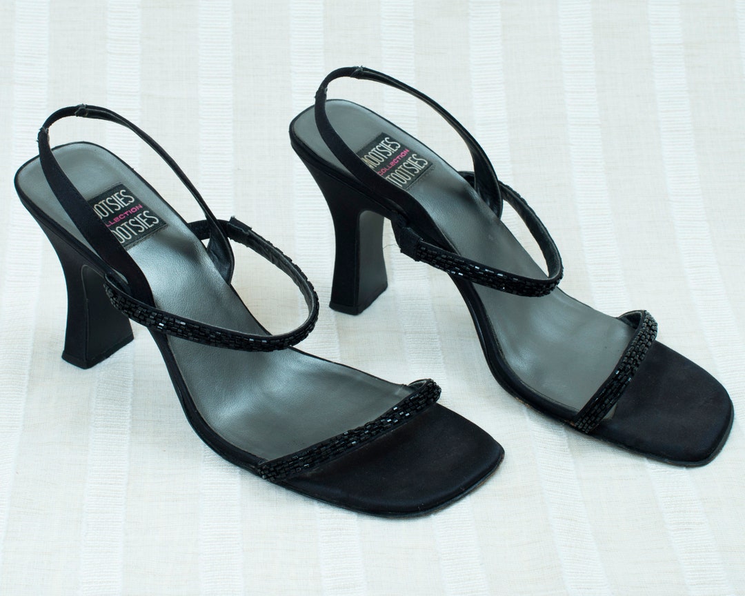 90s Black Beaded Strappy Sandals 10 40 Mootsies Tootsies Minimalist High Heeled Slingback