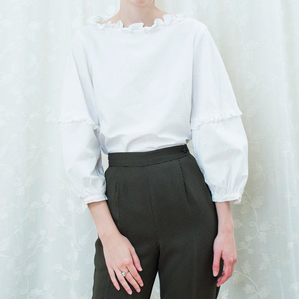 80s white cotton ruffle collar blouse small | boat neck puff sleeve minimal ruffled neck blouse | minimalist romantic pouf sleeve blouse