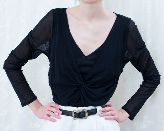 90s y2k black sheer mesh blouse large | minimalist