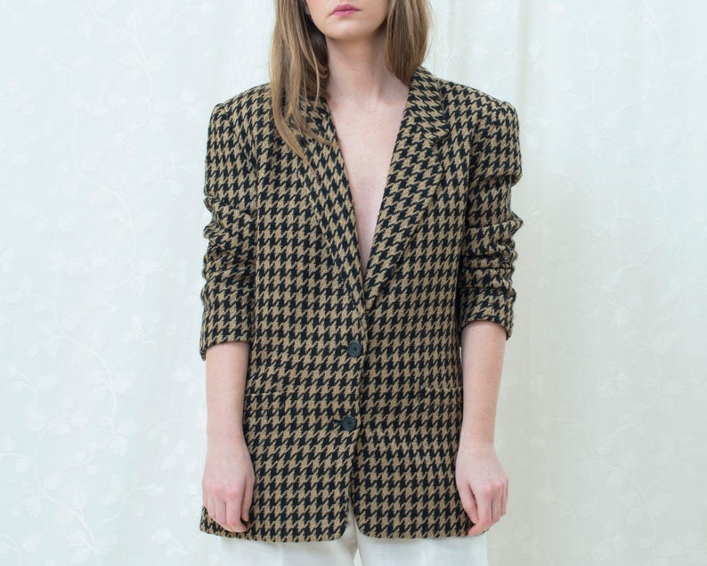 houndstooth jacket 80s black tan houndstooth power blazer large preppy minimalist wool power suit blazer minimal two button blazer