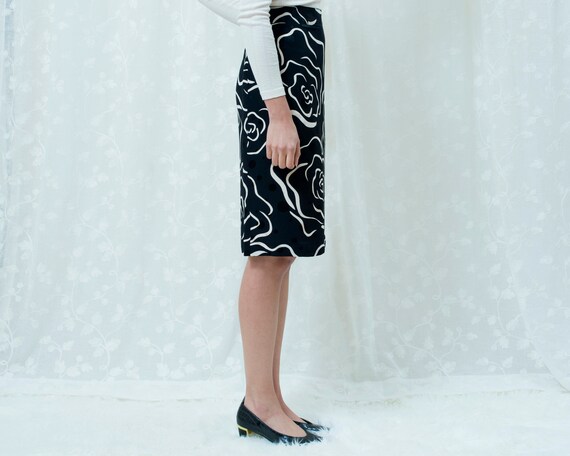 80s black floral silk pencil skirt large | 33 wai… - image 5