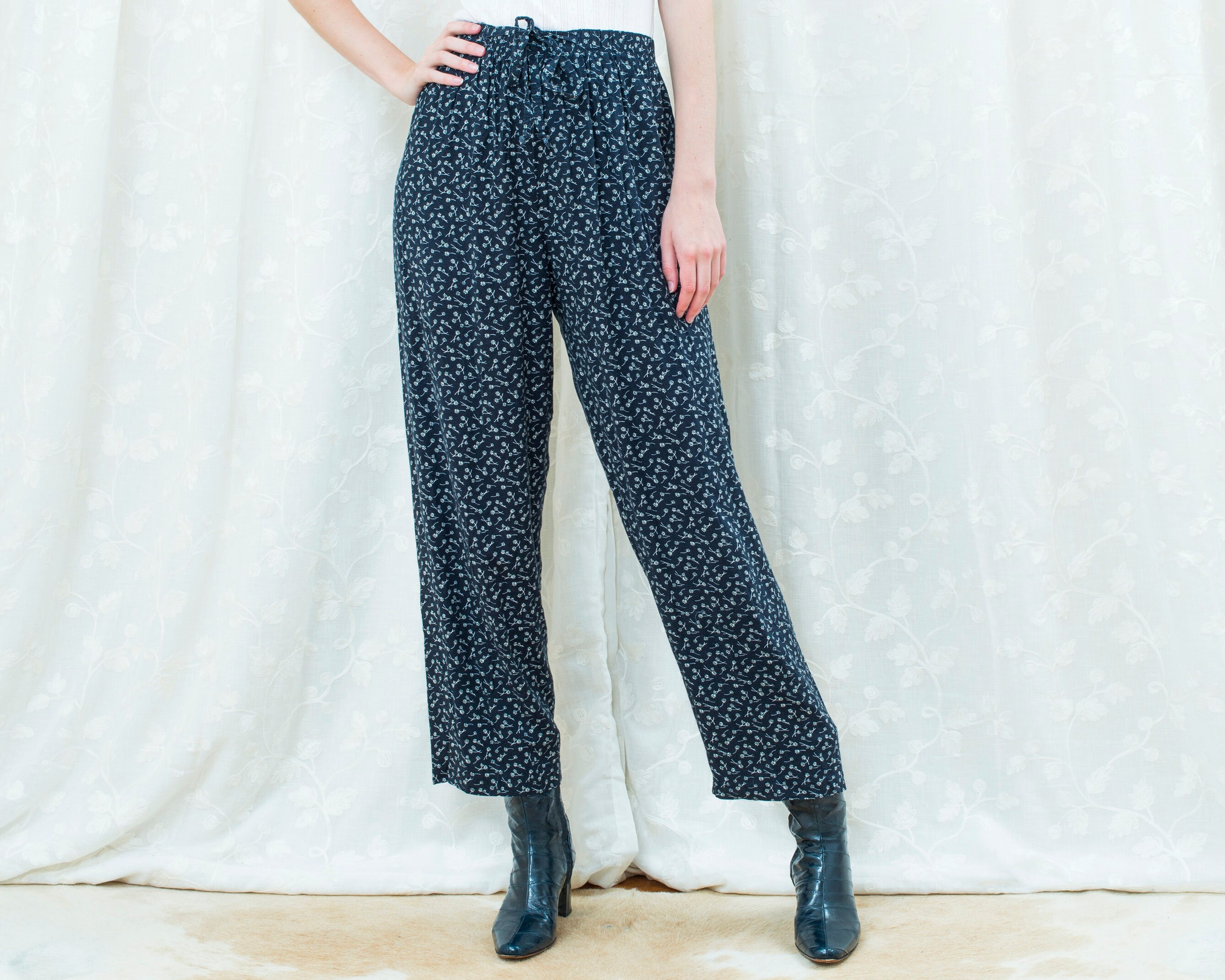 80s Navy Blue Floral High Waisted Pants 