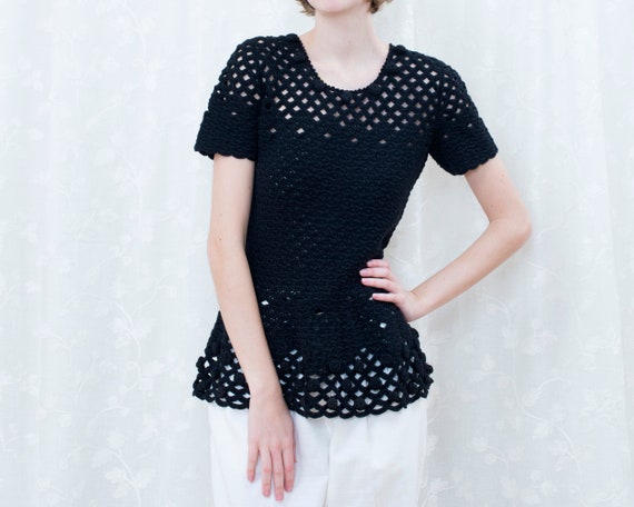 90s oscar de la renta black crochet beaded sweater