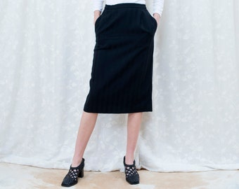 70s christian dior black wool pencil skirt | 26 waist striped high waist wiggle skirt | minimalist midi pencil skirt | high waisted minimal