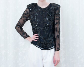 80s black silk sheer sequin blouse small | flower embroidered beaded see through sheer sleeve disco blouse | minimalist evening blouse