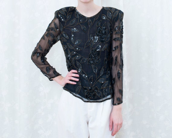 80s black silk sheer sequin blouse small | flower