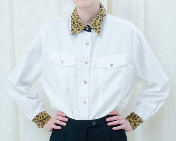 80s bill blass white blouse large | leopard trim b