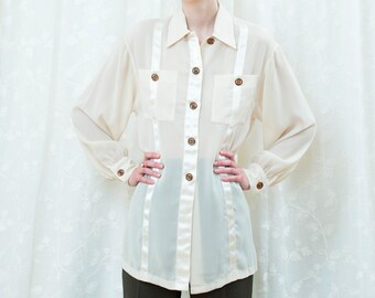 80s ivory sheer blouse | white see through button down shirt | cream minimalist blouse | minimal ribbon trim metal button blouse