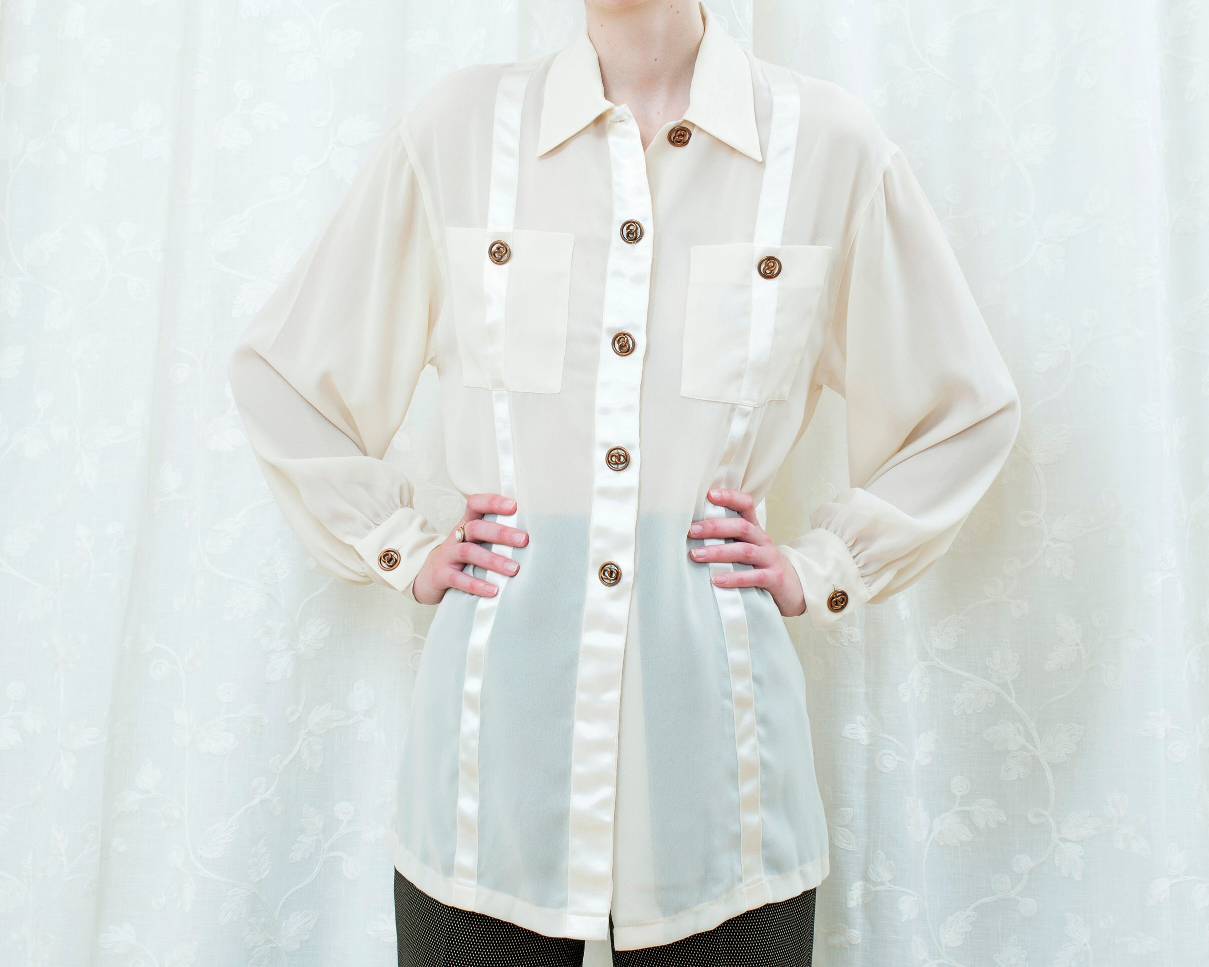 petravonkantvintage 80s Ivory Sheer Blouse | White See Through Button Down Shirt | Cream Minimalist Blouse | Minimal Ribbon Trim Metal Button Blouse