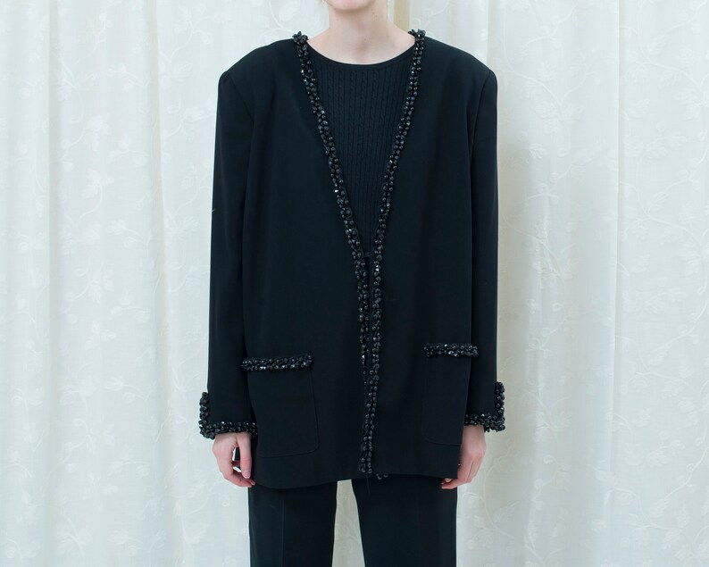 embellished evening jacket minimal beaded jacket 80s black beaded blazer large minimalist evening wear jacket formal blazer