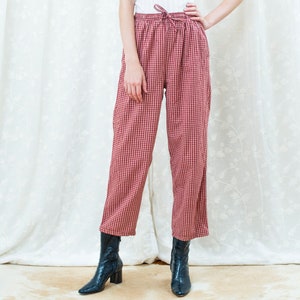 90s red plaid cotton high waisted pants drawstring wide leg trousers high rise minimalist pants minimal high waist tapered trousers image 1
