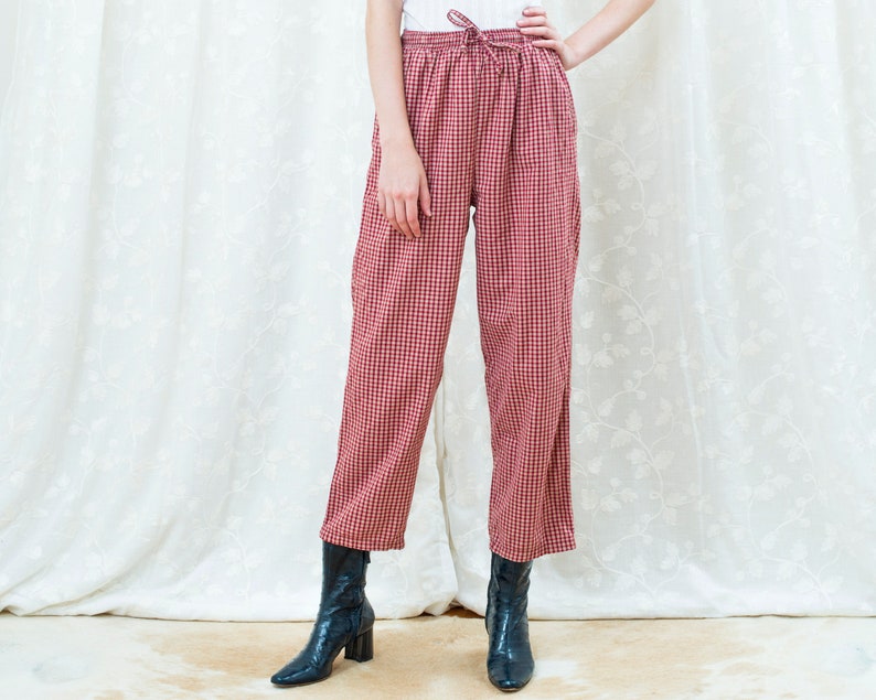 90s red plaid cotton high waisted pants drawstring wide leg trousers high rise minimalist pants minimal high waist tapered trousers image 1