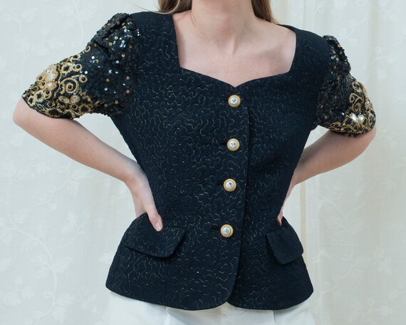 80s black embroidered evening blazer large | gold