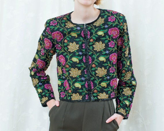 80s multicolor beaded floral evening jacket | crop