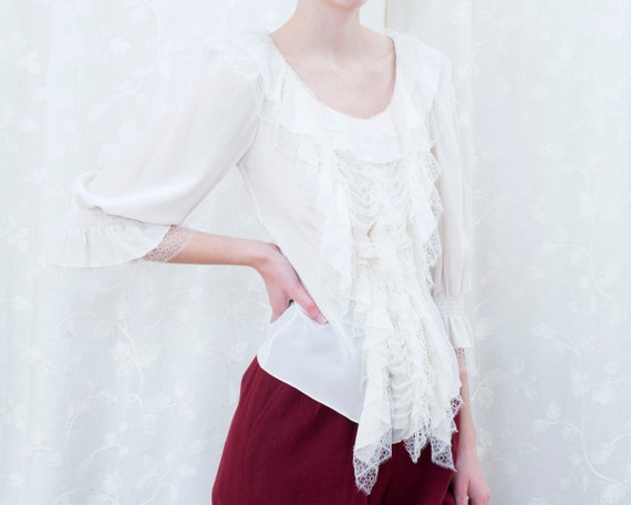 90s oscar de la renta white silk lace puff sleeve… - image 5