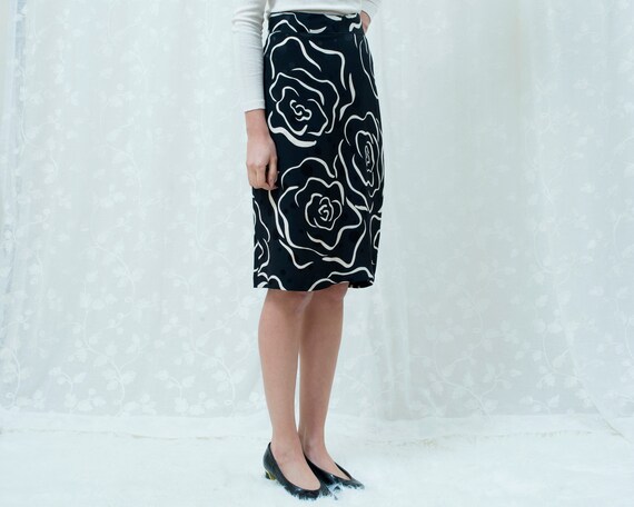 80s black floral silk pencil skirt large | 33 wai… - image 2