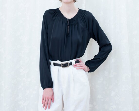 black satin tie neck blouse