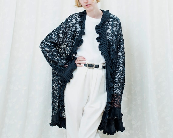 80s black sheer lace ruffle cardigan xl | ruffle c