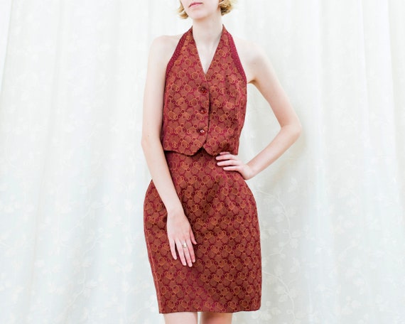 90s printed burgundy skirt suit medium | vest and