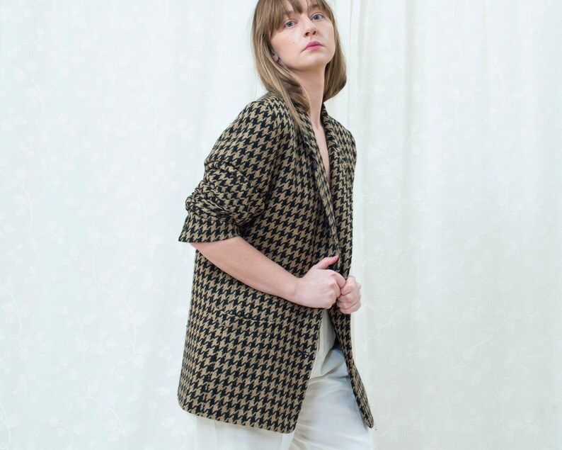 houndstooth jacket 80s black tan houndstooth power blazer large preppy minimalist wool power suit blazer minimal two button blazer